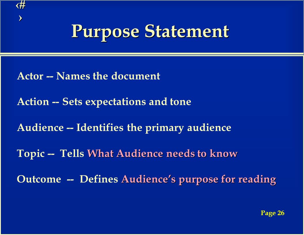 9 Purpose Statement Actor -- Names the document Action -- Sets expectations and tone Audience -- Identifies the primary audience What Audience needs to know Topic -- Tells What Audience needs to know Audience’s purpose for reading Outcome -- Defines Audience’s purpose for reading Page 26