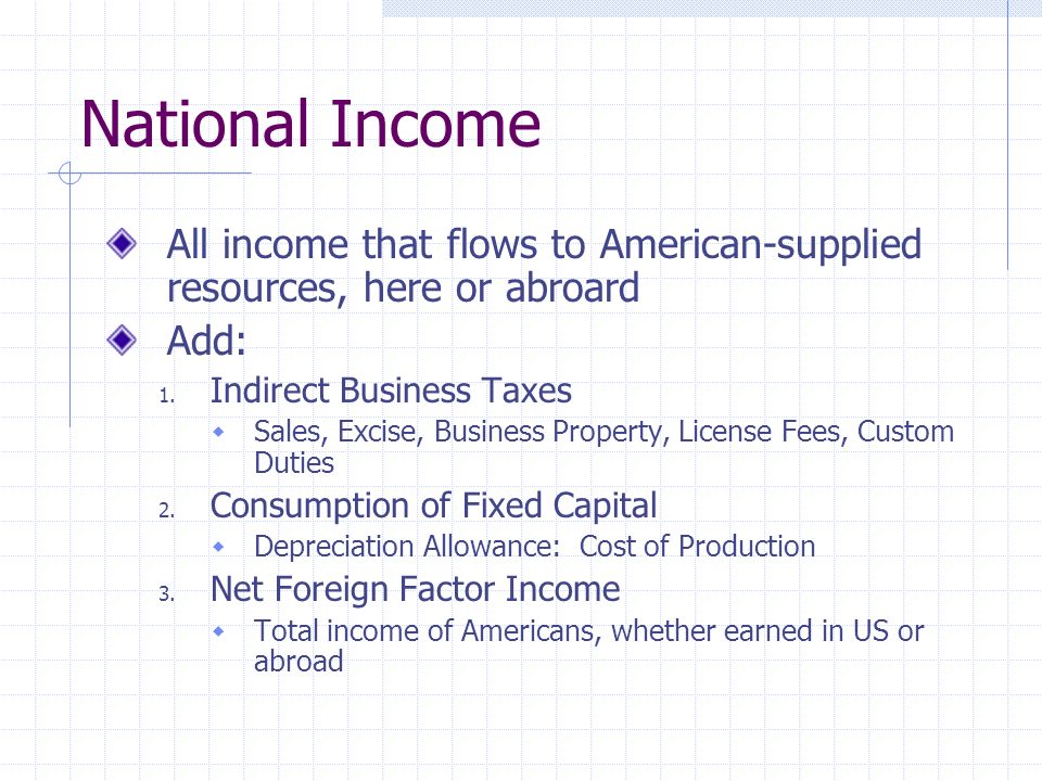 National Income All income that flows to American-supplied resources, here or abroard Add: 1.