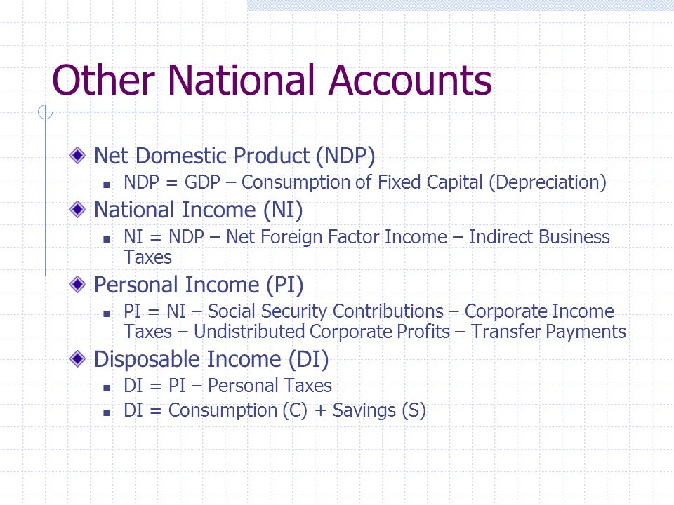 Other National Accounts Net Domestic Product (NDP) NDP = GDP – Consumption of Fixed Capital (Depreciation) National Income (NI) NI = NDP – Net Foreign Factor Income – Indirect Business Taxes Personal Income (PI) PI = NI – Social Security Contributions – Corporate Income Taxes – Undistributed Corporate Profits – Transfer Payments Disposable Income (DI) DI = PI – Personal Taxes DI = Consumption (C) + Savings (S)