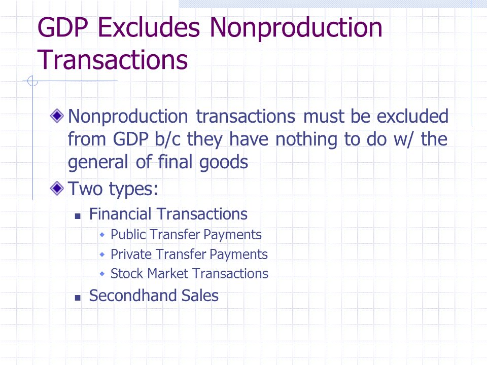 GDP Excludes Nonproduction Transactions Nonproduction transactions must be excluded from GDP b/c they have nothing to do w/ the general of final goods Two types: Financial Transactions  Public Transfer Payments  Private Transfer Payments  Stock Market Transactions Secondhand Sales