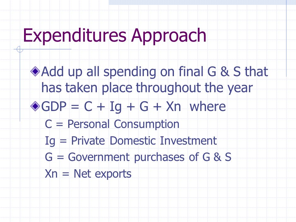 Expenditures Approach Add up all spending on final G & S that has taken place throughout the year GDP = C + Ig + G + Xn where C = Personal Consumption Ig = Private Domestic Investment G = Government purchases of G & S Xn = Net exports