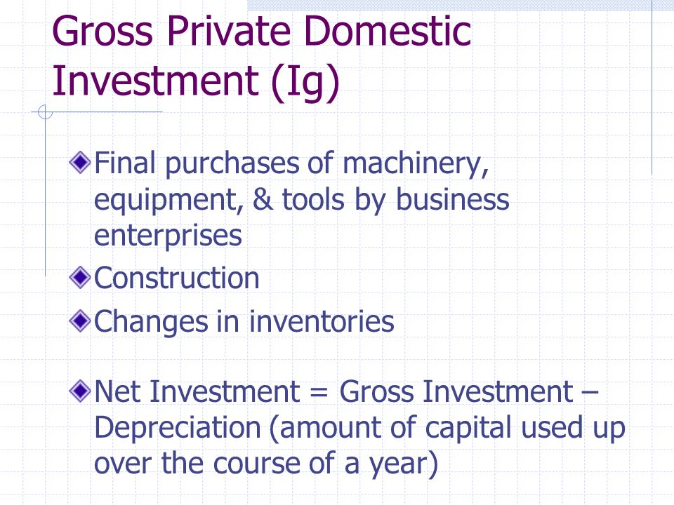 Gross Private Domestic Investment (Ig) Final purchases of machinery, equipment, & tools by business enterprises Construction Changes in inventories Net Investment = Gross Investment – Depreciation (amount of capital used up over the course of a year)