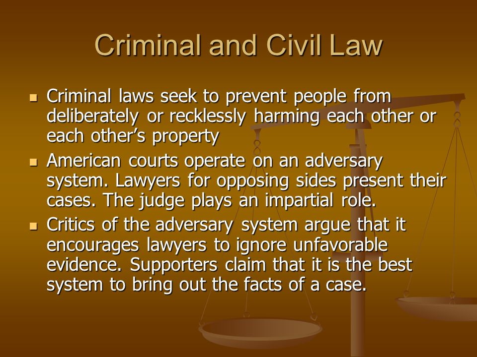 Criminal and Civil Law Criminal laws seek to prevent people from deliberately or recklessly harming each other or each other’s property Criminal laws seek to prevent people from deliberately or recklessly harming each other or each other’s property American courts operate on an adversary system.