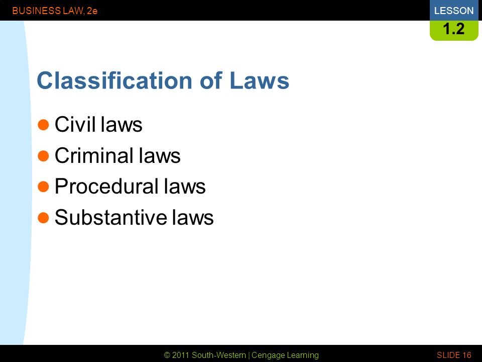 © 2011 South-Western | Cengage Learning BUSINESS LAW, 2eLESSON SLIDE Classification of Laws Civil laws Criminal laws Procedural laws Substantive laws