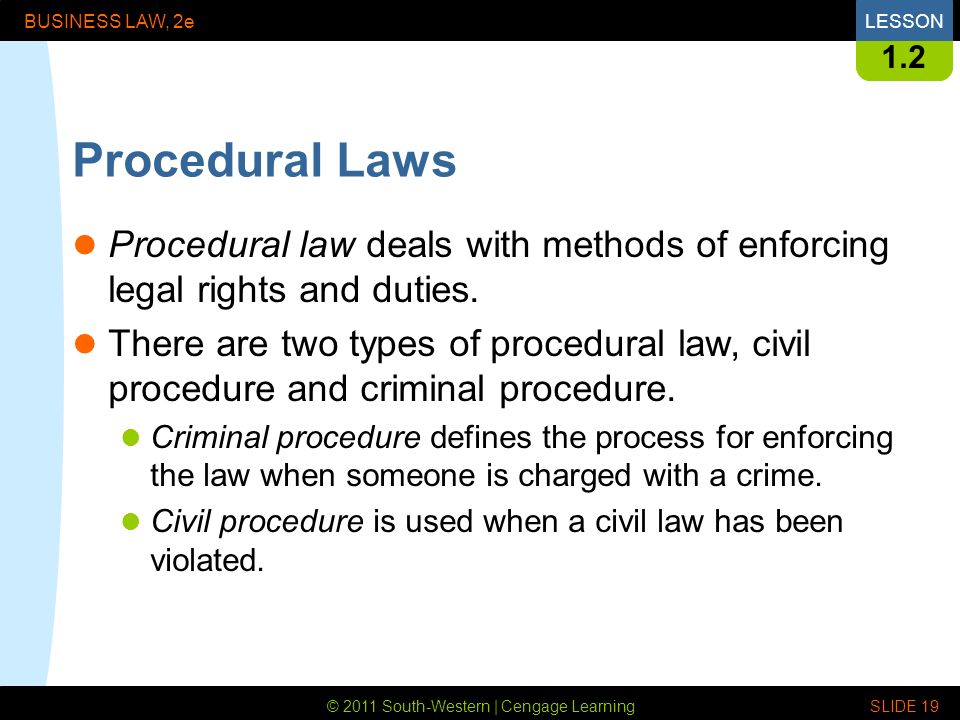 © 2011 South-Western | Cengage Learning BUSINESS LAW, 2eLESSON SLIDE Procedural Laws Procedural law deals with methods of enforcing legal rights and duties.