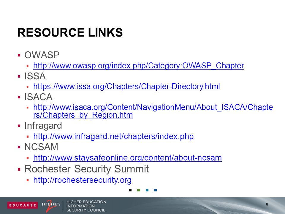 RESOURCE LINKS  OWASP       ISSA       ISACA    rs/Chapters_by_Region.htm   rs/Chapters_by_Region.htm  Infragard       NCSAM       Rochester Security Summit      8