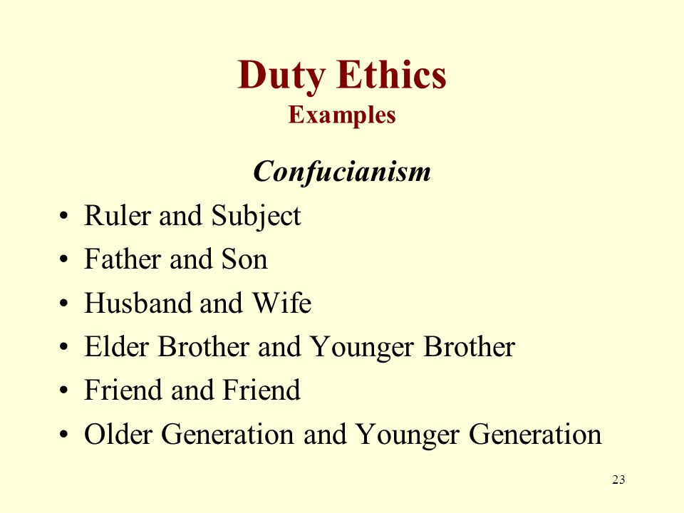 Duty Ethics Examples Confucianism Ruler and Subject Father and Son Husband and Wife Elder Brother and Younger Brother Friend and Friend Older Generation and Younger Generation 23