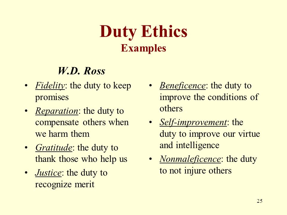 Duty Ethics Examples Beneficence: the duty to improve the conditions of others Self-improvement: the duty to improve our virtue and intelligence Nonmaleficence: the duty to not injure others 25 W.D.