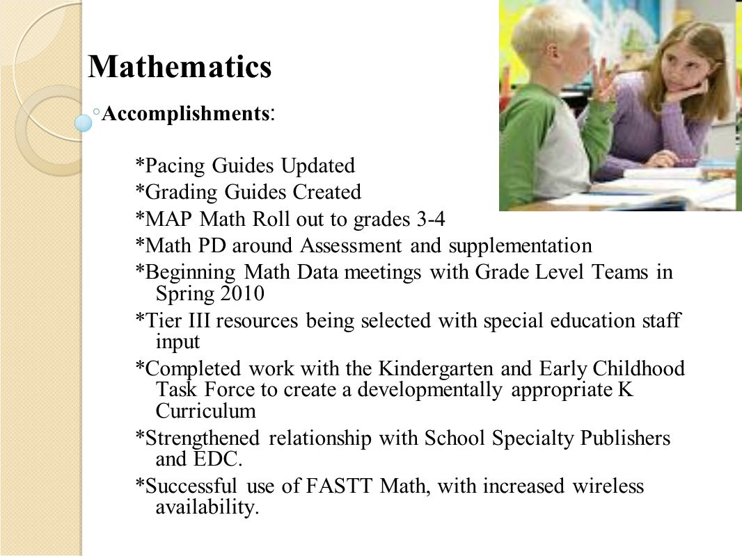 Mathematics Accomplishments : *Pacing Guides Updated *Grading Guides Created *MAP Math Roll out
