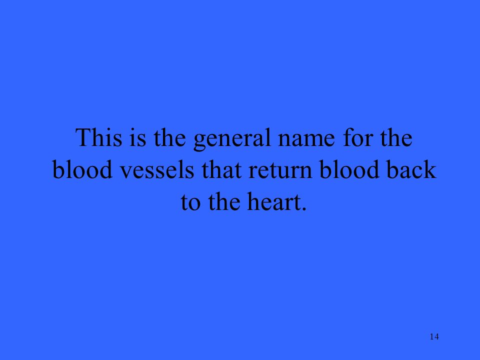 14 This is the general name for the blood vessels that return blood back to the heart.