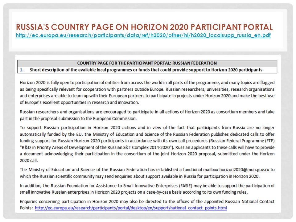 RUSSIA S COUNTRY PAGE ON HORIZON 2020 PARTICIPANT PORTAL