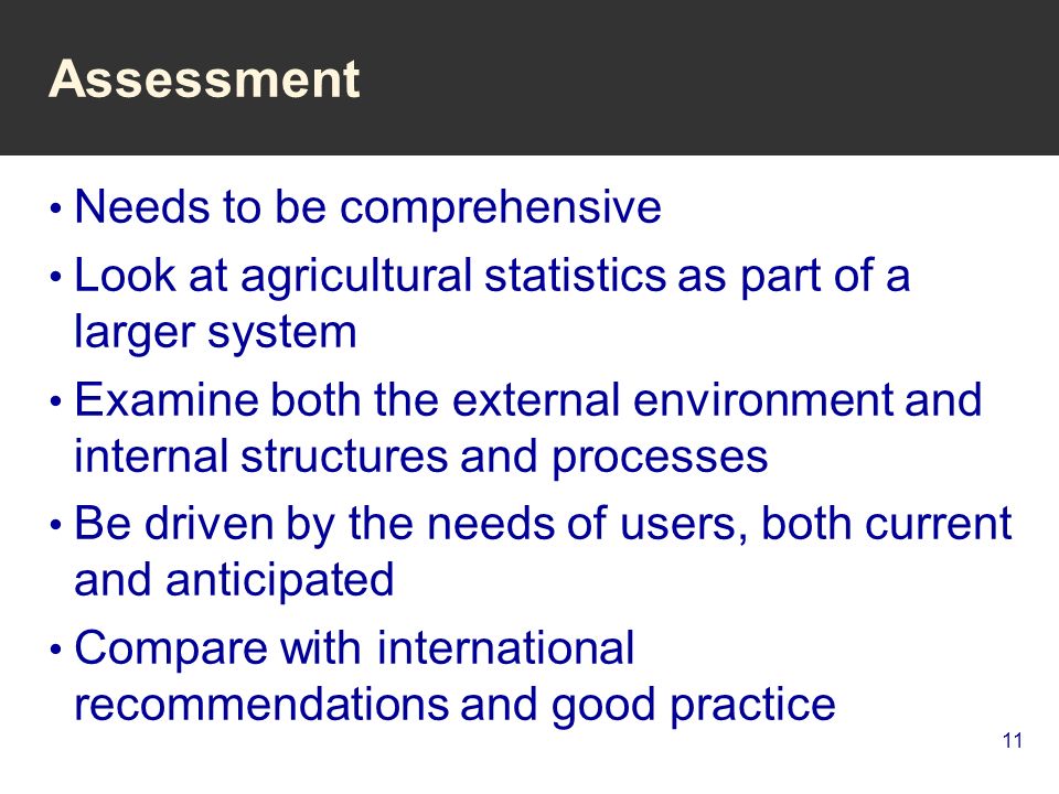 11 Assessment Needs to be comprehensive Look at agricultural statistics as part of a larger system Examine both the external environment and internal structures and processes Be driven by the needs of users, both current and anticipated Compare with international recommendations and good practice