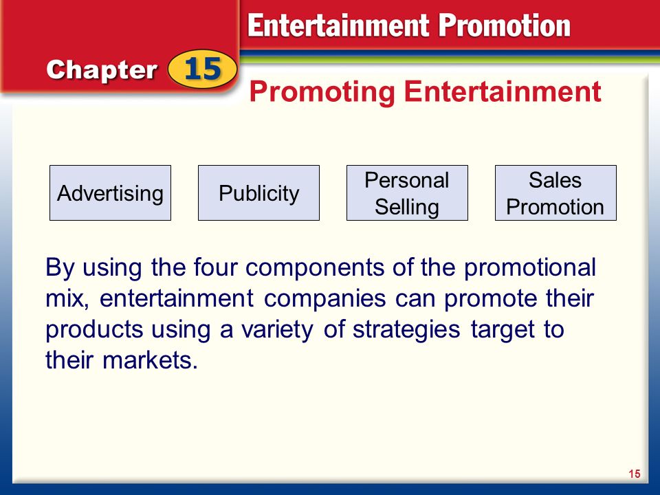 Promoting Entertainment By using the four components of the promotional mix, entertainment companies can promote their products using a variety of strategies target to their markets.