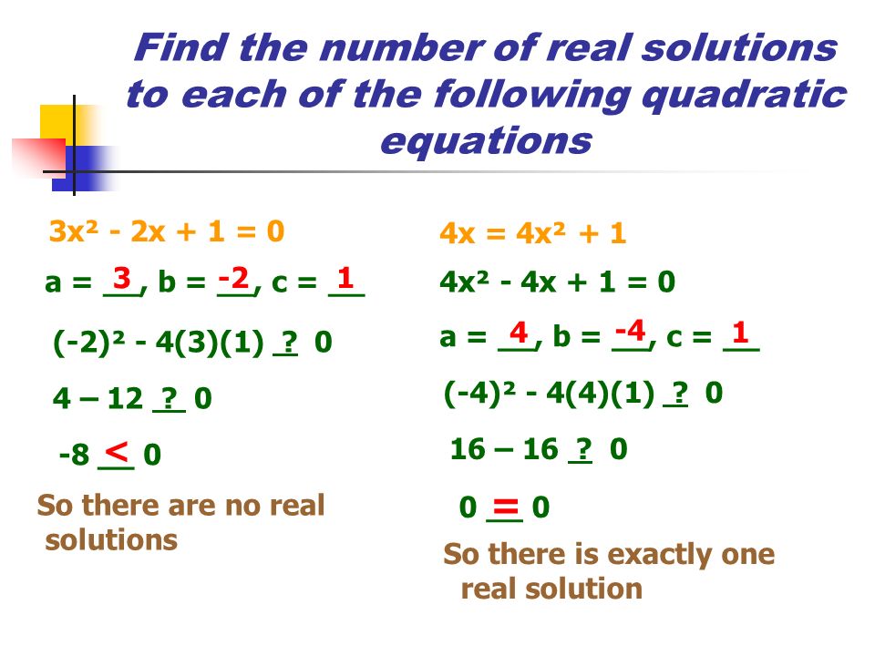 Find the number of real solutions to each of the following quadratic equations 3x² - 2x + 1 = 0 a = __, b = __, c = __ (-2)² - 4(3)(1) .