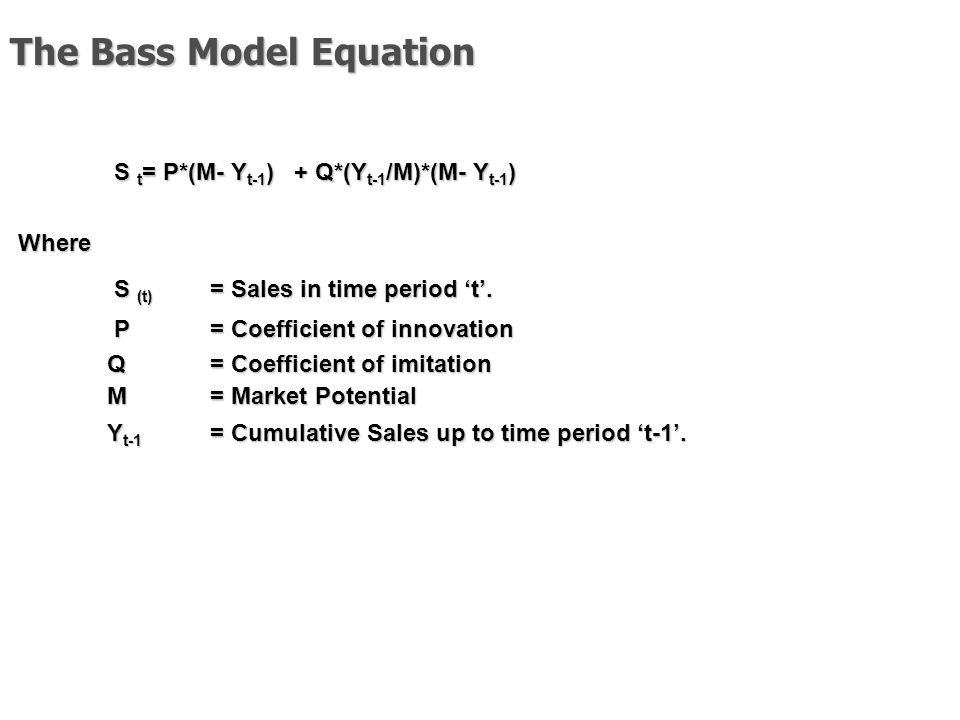 The Bass Model Equation S t = P*(M- Y t-1 ) + Q*(Y t-1 /M)*(M- Y t-1 ) Where S (t) = Sales in time period ‘t’.