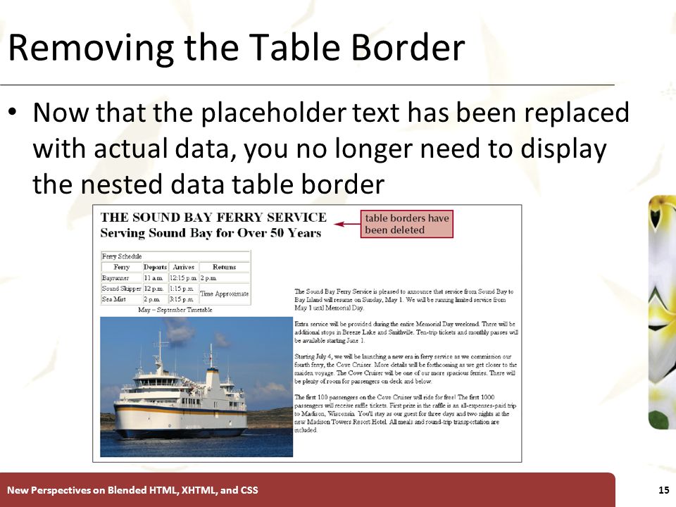 XP Removing the Table Border Now that the placeholder text has been replaced with actual data, you no longer need to display the nested data table border New Perspectives on Blended HTML, XHTML, and CSS15