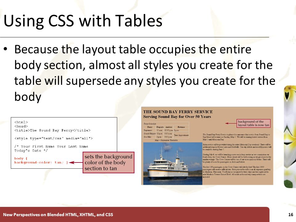XP Using CSS with Tables Because the layout table occupies the entire body section, almost all styles you create for the table will supersede any styles you create for the body New Perspectives on Blended HTML, XHTML, and CSS16