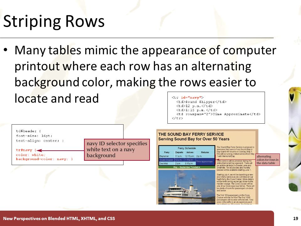 XP Striping Rows Many tables mimic the appearance of computer printout where each row has an alternating background color, making the rows easier to locate and read New Perspectives on Blended HTML, XHTML, and CSS19