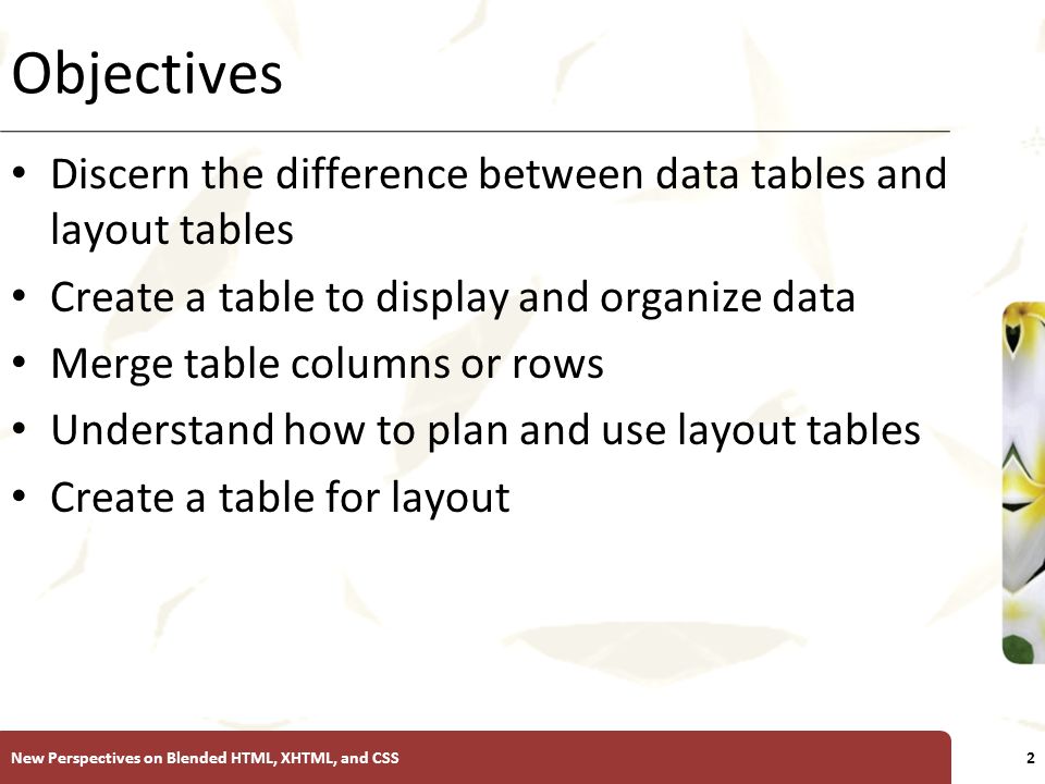 XP New Perspectives on Blended HTML, XHTML, and CSS2 Objectives Discern the difference between data tables and layout tables Create a table to display and organize data Merge table columns or rows Understand how to plan and use layout tables Create a table for layout