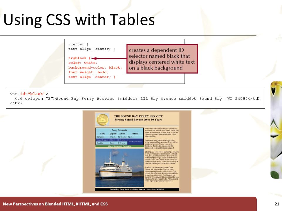XP Using CSS with Tables New Perspectives on Blended HTML, XHTML, and CSS21