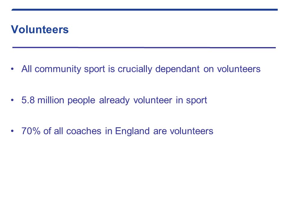 Volunteers All community sport is crucially dependant on volunteers 5.8 million people already volunteer in sport 70% of all coaches in England are volunteers