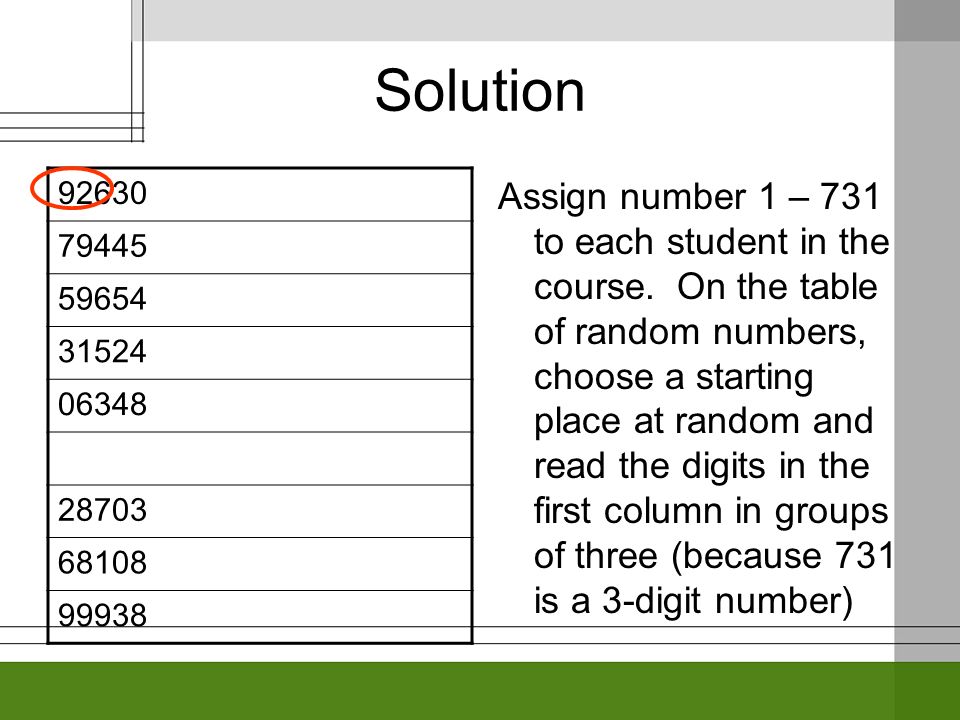 Solution Assign number 1 – 731 to each student in the course.