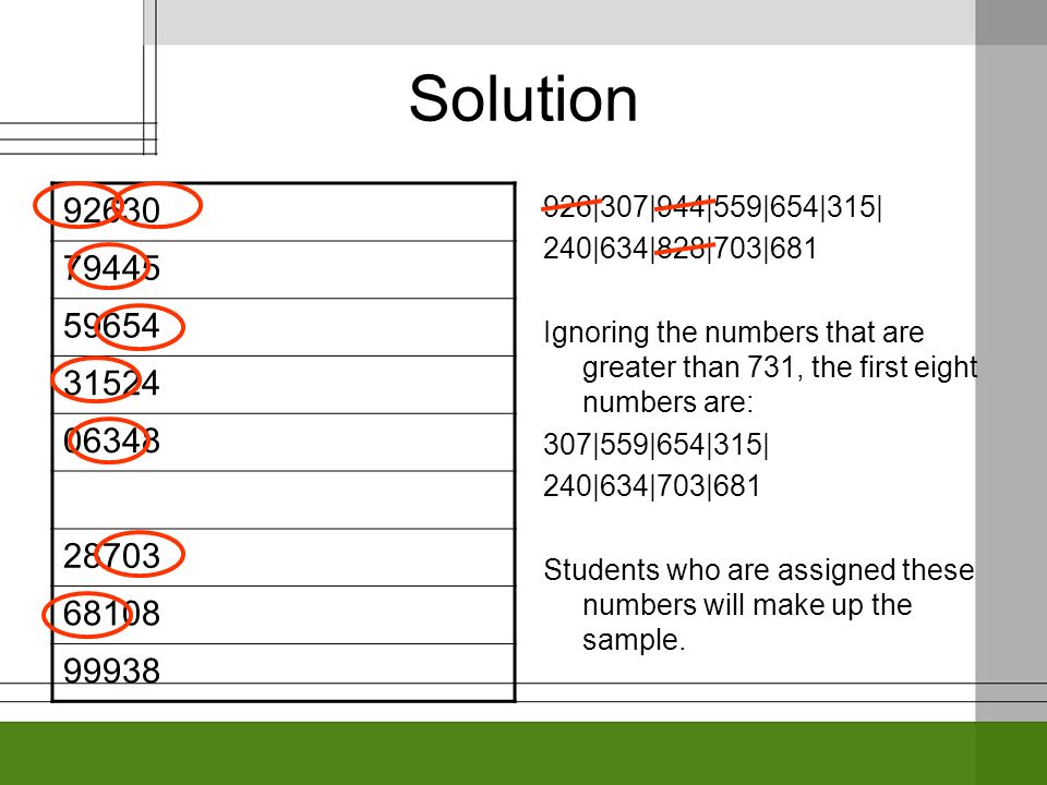 Solution |307|944|559|654|315| 240|634|828|703|681 Ignoring the numbers that are greater than 731, the first eight numbers are: 307|559|654|315| 240|634|703|681 Students who are assigned these numbers will make up the sample.
