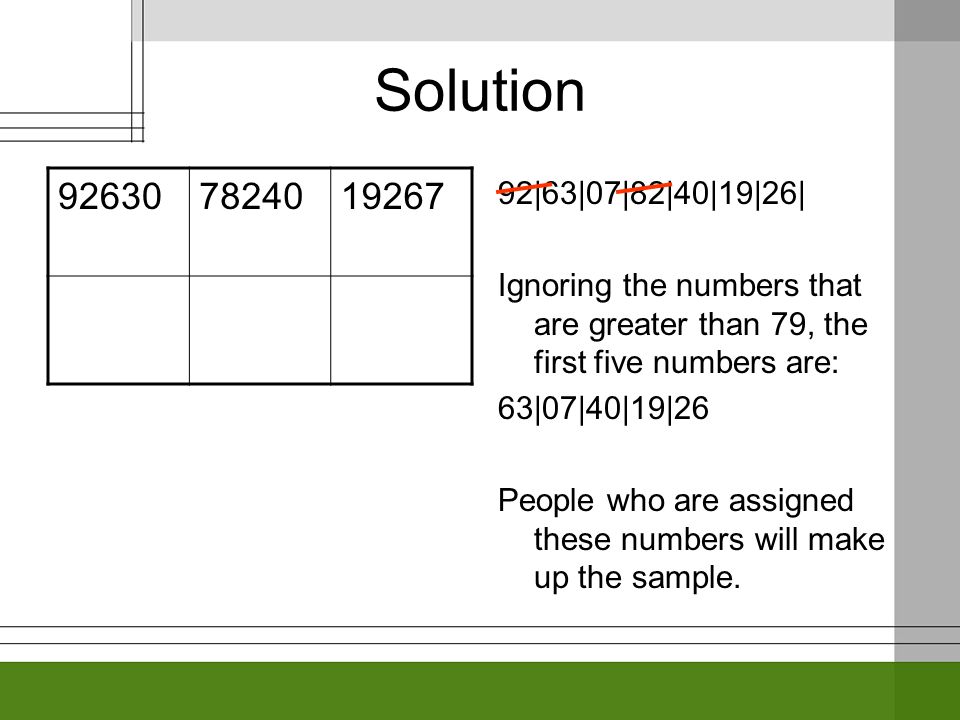Solution 92|63|07|82|40|19|26| Ignoring the numbers that are greater than 79, the first five numbers are: 63|07|40|19|26 People who are assigned these numbers will make up the sample.