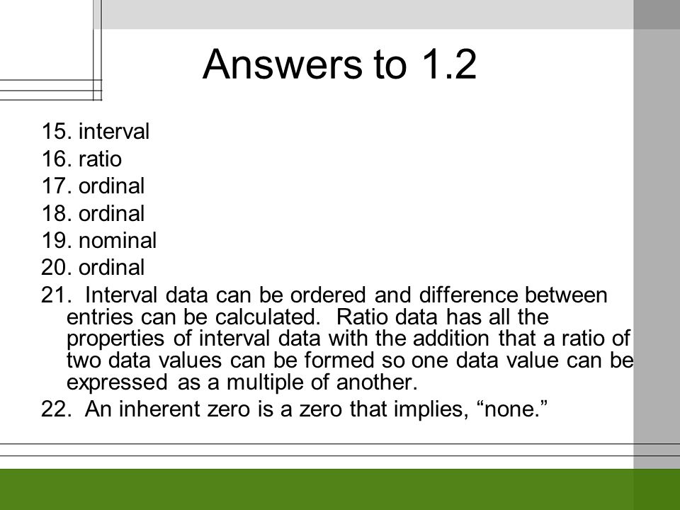 Answers to interval 16. ratio 17. ordinal 18.