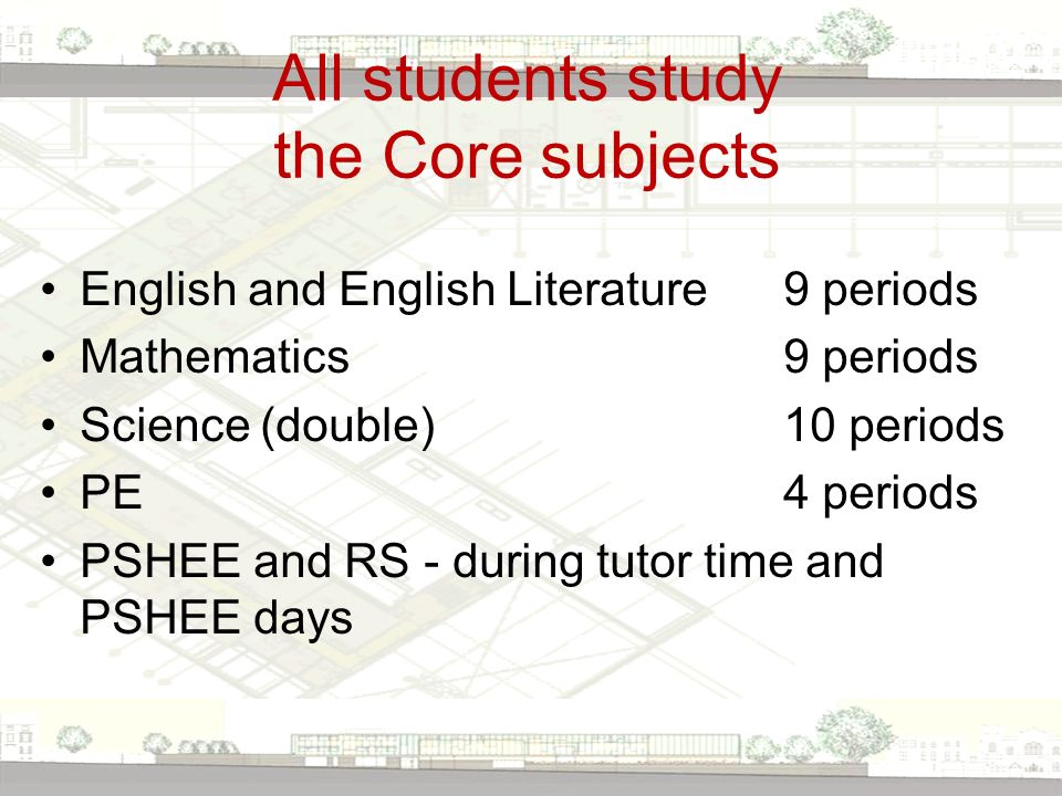 All students study the Core subjects English and English Literature9 periods Mathematics 9 periods Science (double)10 periods PE4 periods PSHEE and RS - during tutor time and PSHEE days