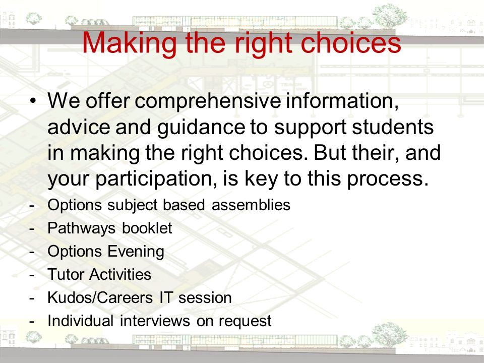 Making the right choices We offer comprehensive information, advice and guidance to support students in making the right choices.