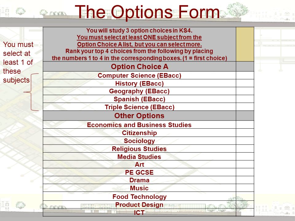 The Options Form You will study 3 option choices in KS4.