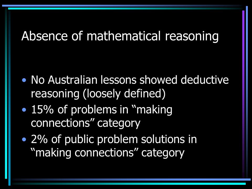Absence of mathematical reasoning No Australian lessons showed deductive reasoning (loosely defined) 15% of problems in making connections category 2% of public problem solutions in making connections category