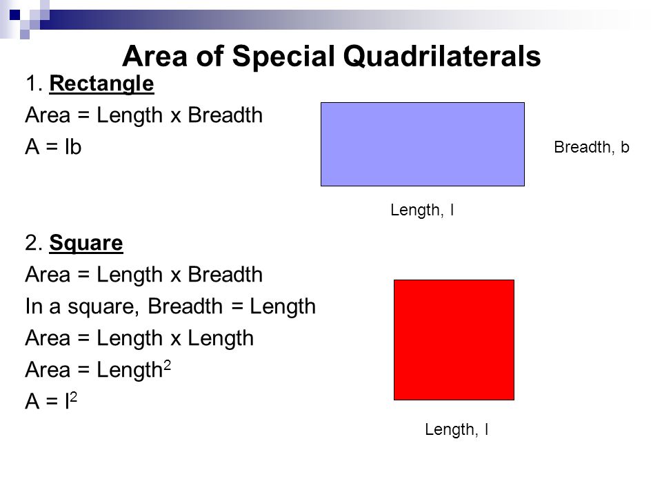 Area of Special Quadrilaterals 1. Rectangle Area = Length x Breadth A = lb 2.