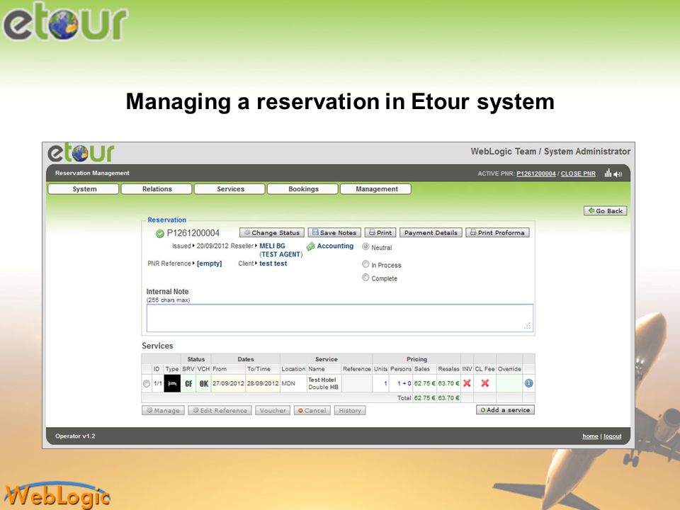 Managing a reservation in Etour system