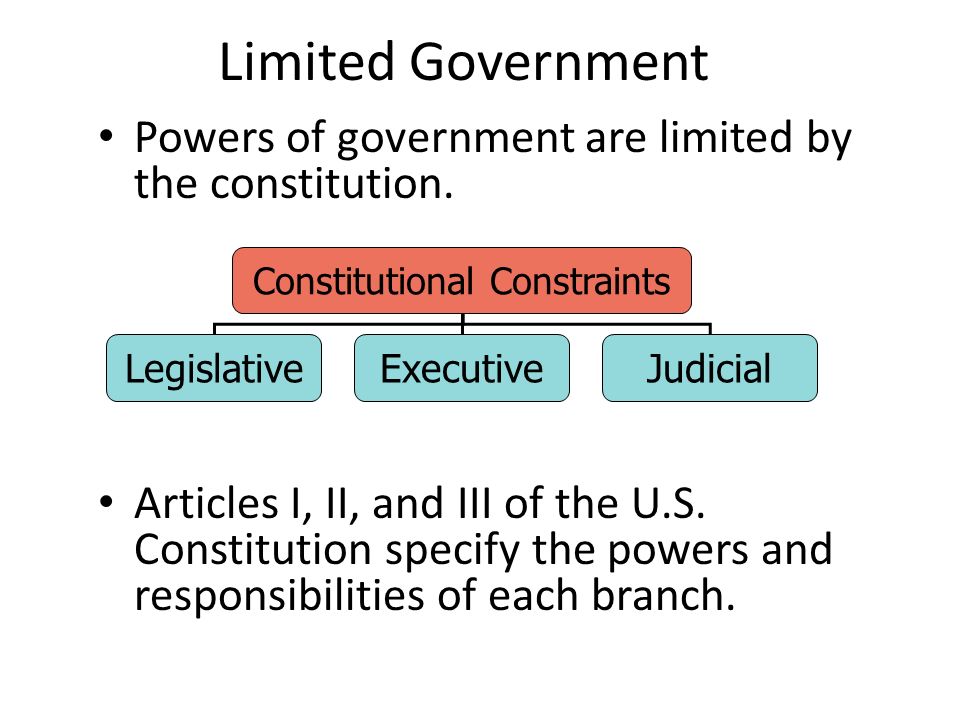 Limited Government Powers of government are limited by the constitution.