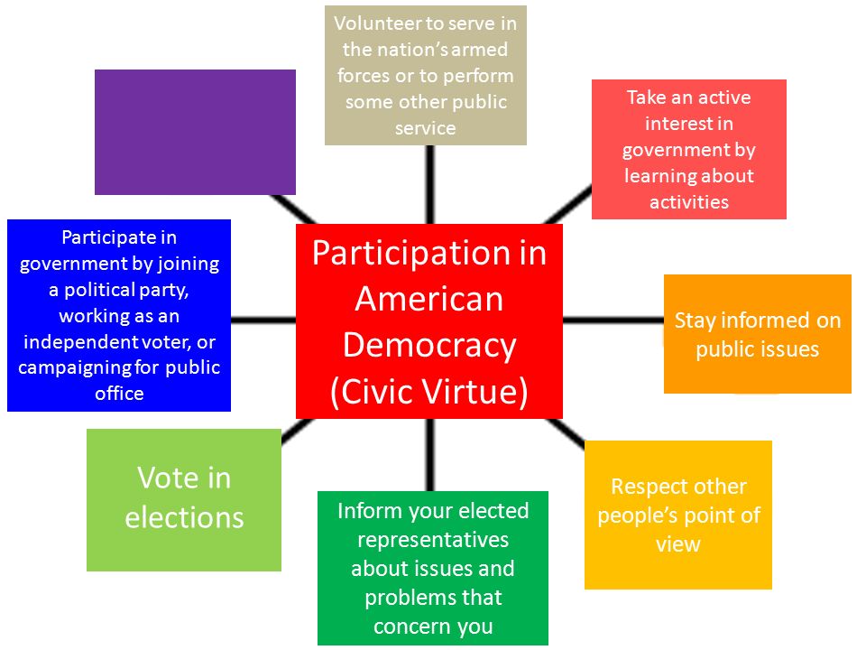 Participation in American Democracy (Civic Virtue) Take an active interest in government by learning about activities Stay informed on public issues Respect other people’s point of view Inform your elected representatives about issues and problems that concern you Vote in elections Participate in government by joining a political party, working as an independent voter, or campaigning for public office Volunteer to serve in the nation’s armed forces or to perform some other public service