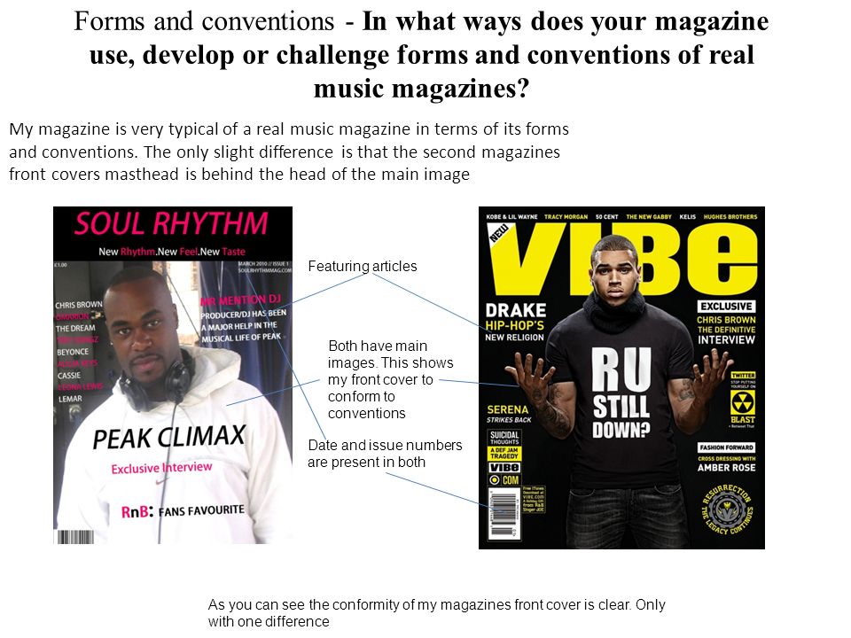 Forms and conventions - In what ways does your magazine use, develop or challenge forms and conventions of real music magazines.