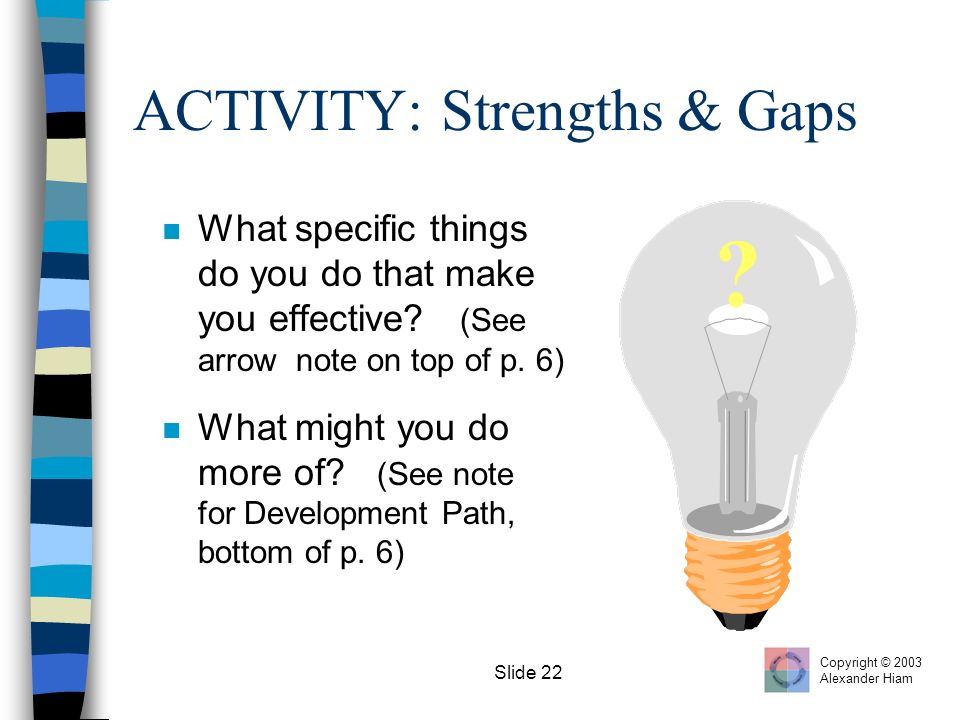 Slide 22 ACTIVITY: Strengths & Gaps n What specific things do you do that make you effective.