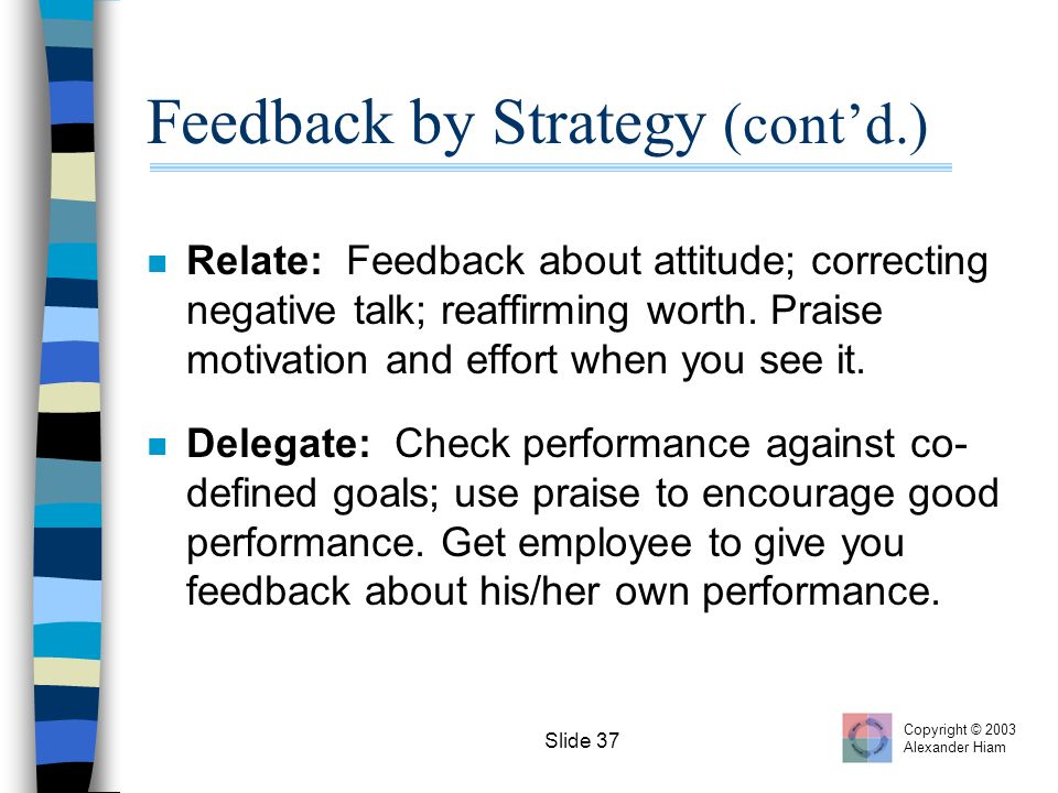 Slide 37 Feedback by Strategy (cont’d.) n Relate: Feedback about attitude; correcting negative talk; reaffirming worth.