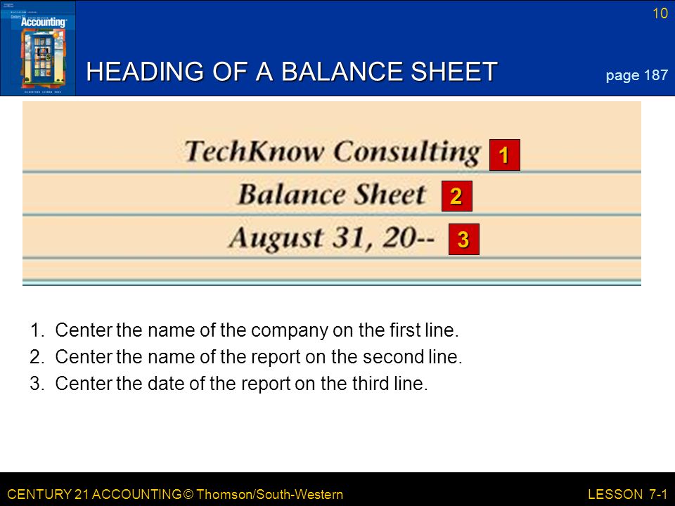 CENTURY 21 ACCOUNTING © Thomson/South-Western 10 LESSON 7-1 HEADING OF A BALANCE SHEET page Center the name of the company on the first line.