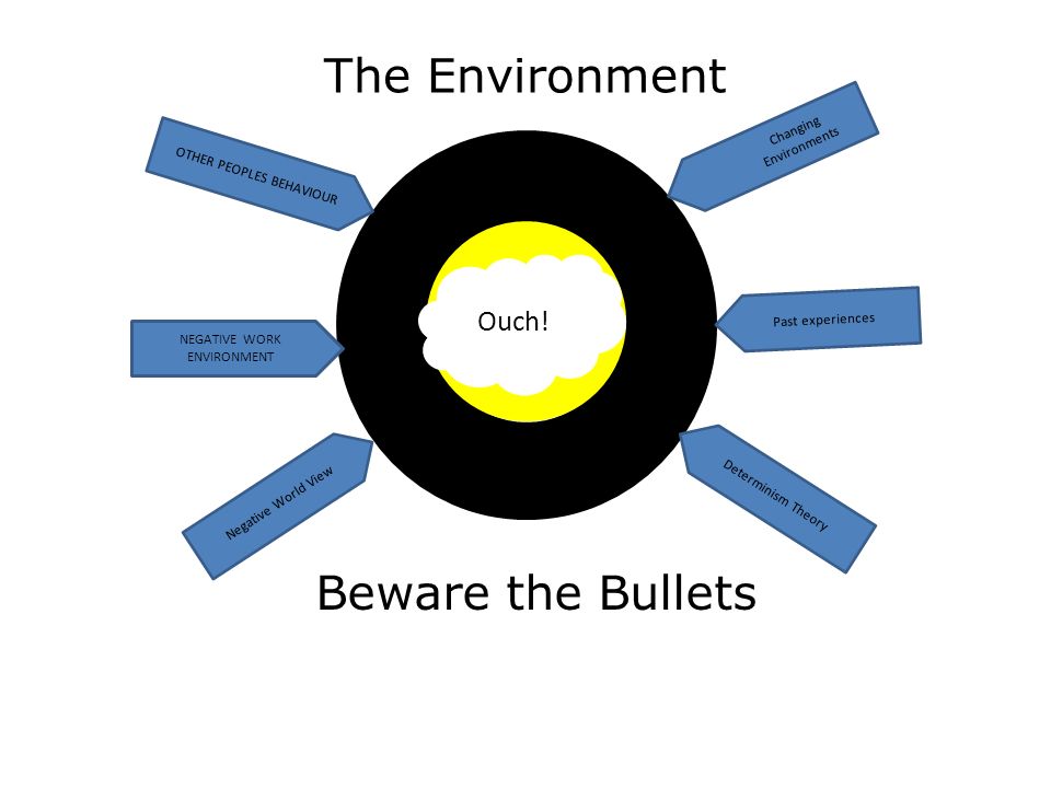 The Environment You Beware the Bullets OTHER PEOPLES BEHAVIOUR NEGATIVE WORK ENVIRONMENT Negative World View Changing Environments Past experiences Determinism Theory