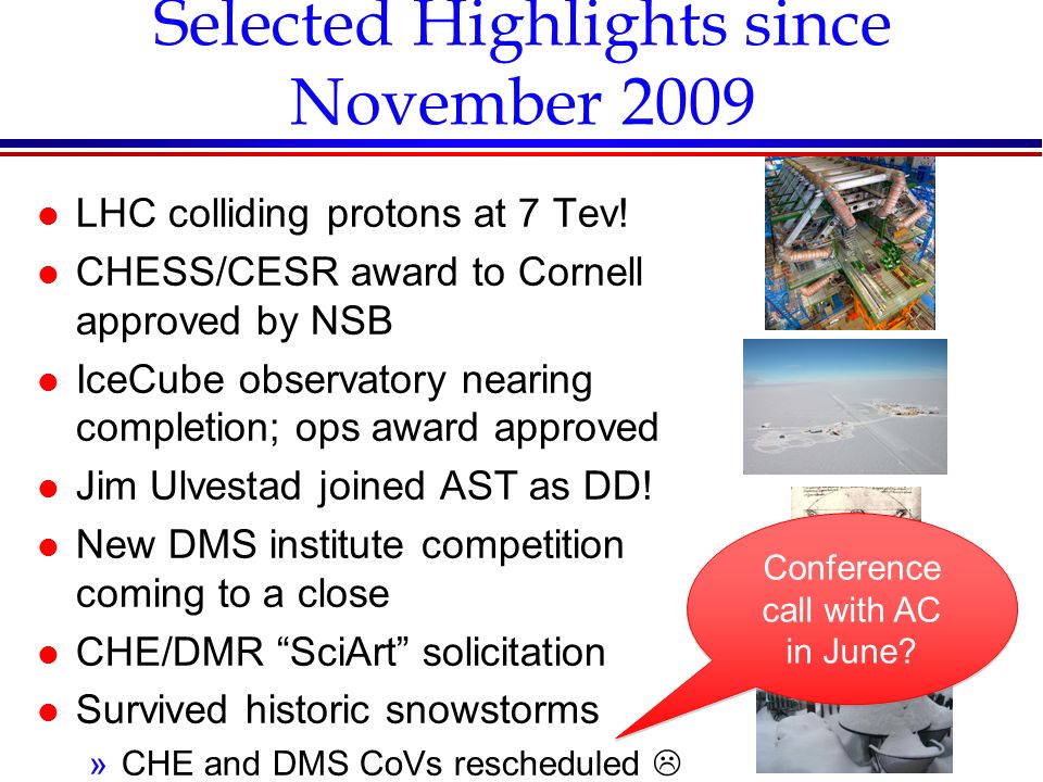 Selected Highlights since November 2009 l LHC colliding protons at 7 Tev.