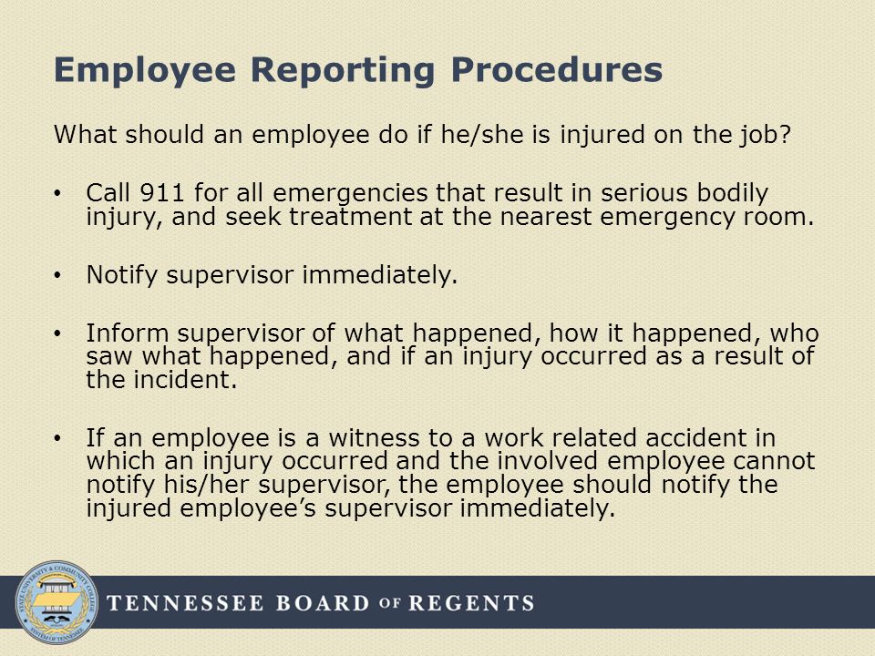 Employee Reporting Procedures What should an employee do if he/she is injured on the job.