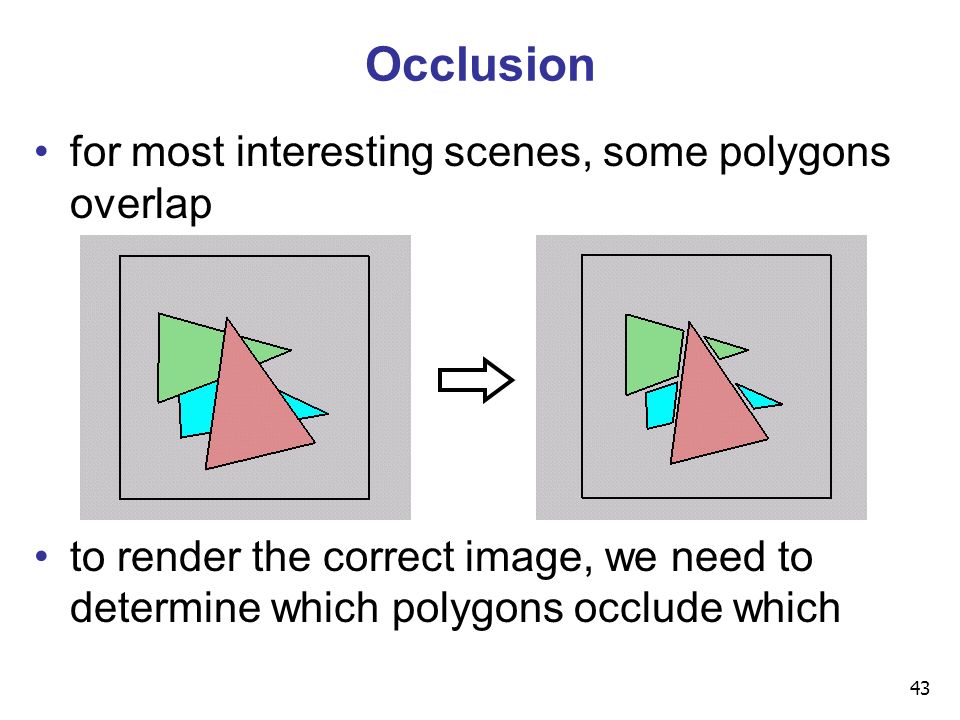 43 Occlusion for most interesting scenes, some polygons overlap to render the correct image, we need to determine which polygons occlude which
