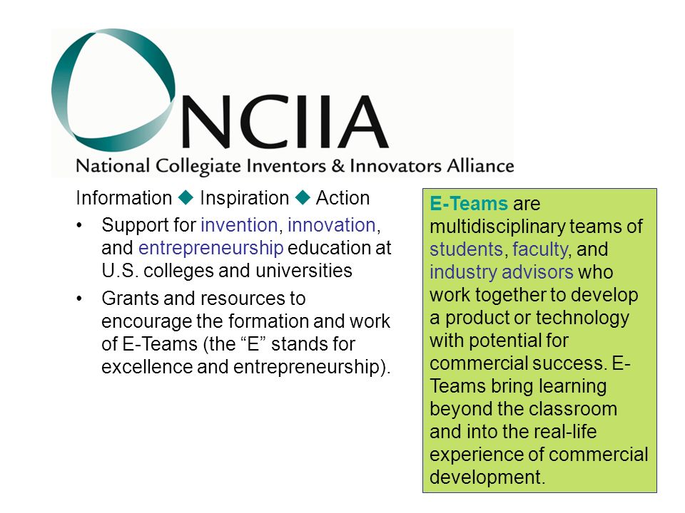 Information  Inspiration  Action Support for invention, innovation, and entrepreneurship education at U.S.