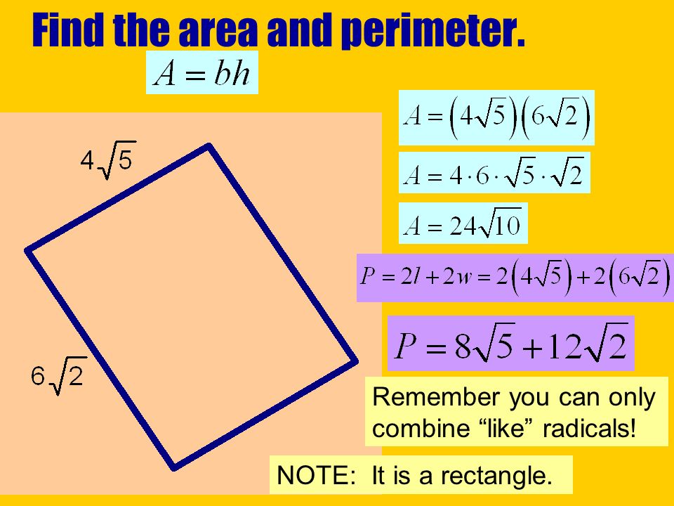 Find the area and perimeter. NOTE: It is a rectangle.