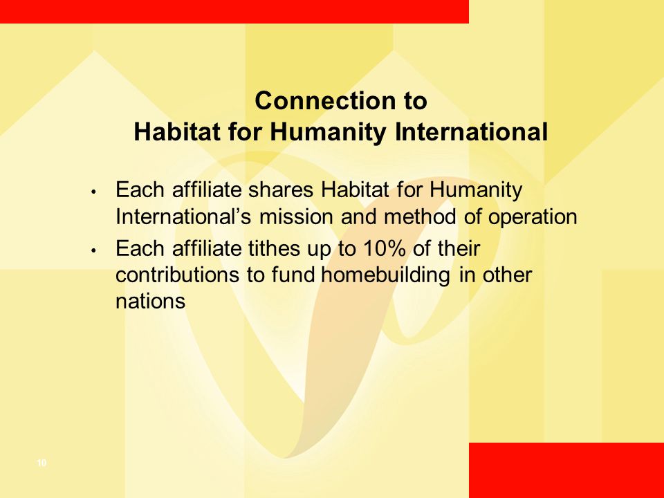 10 Connection to Habitat for Humanity International Each affiliate shares Habitat for Humanity International’s mission and method of operation Each affiliate tithes up to 10% of their contributions to fund homebuilding in other nations