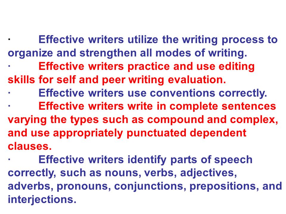 · Effective writers utilize the writing process to organize and strengthen all modes of writing.