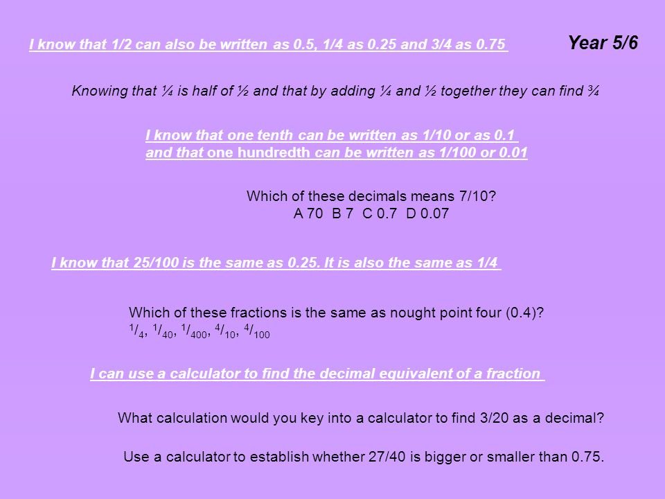 I know that 1/2 can also be written as 0.5, 1/4 as 0.25 and 3/4 as 0.75 Year 5/6 I know that 25/100 is the same as 0.25.